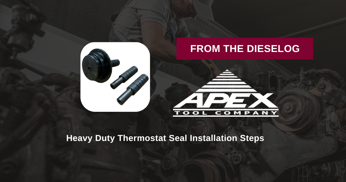 Step-by-step close up layout of heavy-duty diesel thermostat seal driver tool resting on an engine repair bench